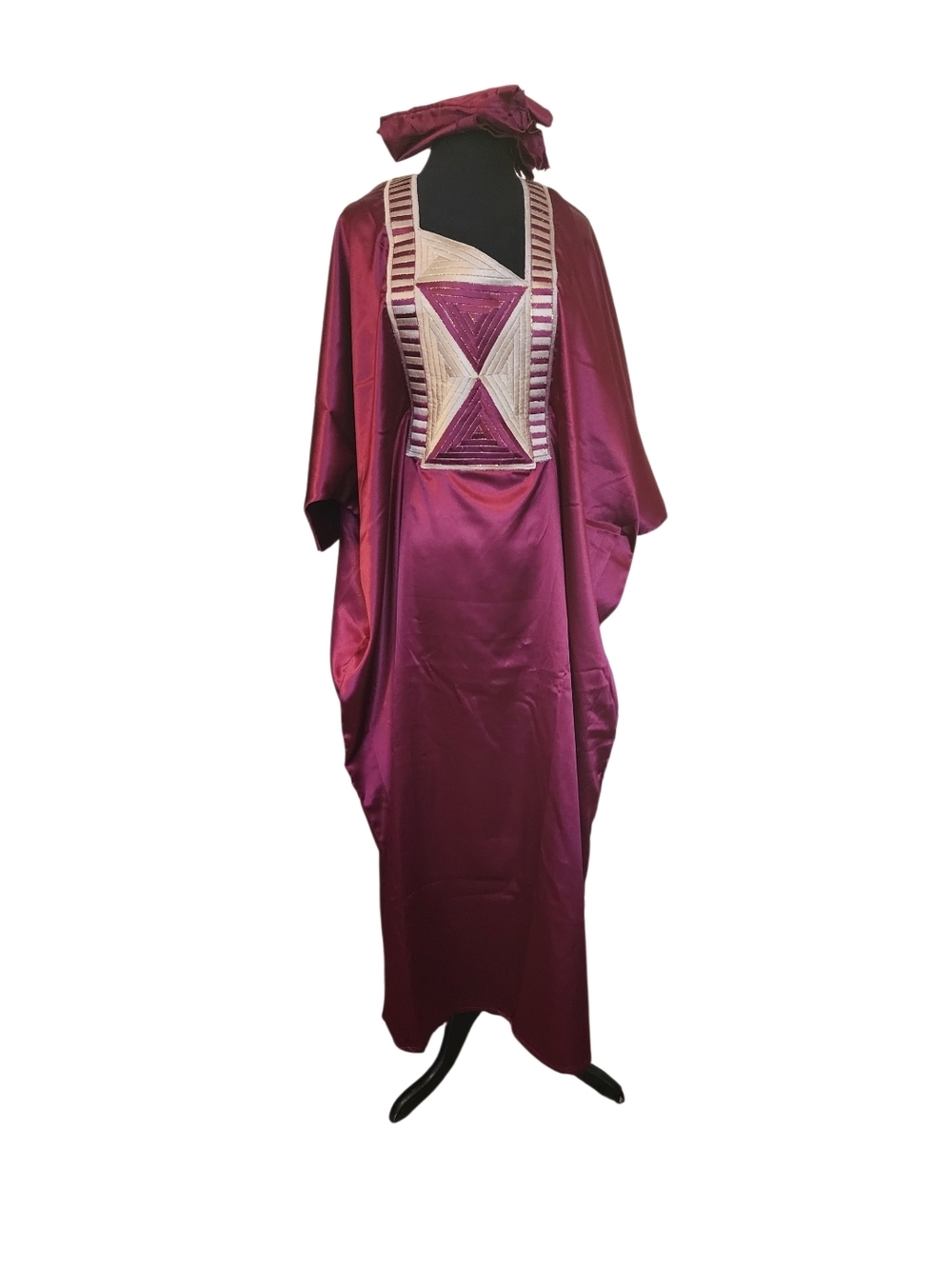 Maroon Satin Traditional Robe with Embroidered Neckline - Unbranded